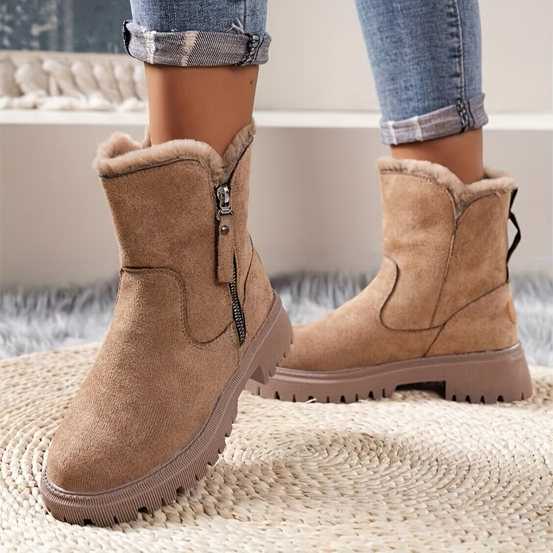 Bottines Élégantes en Cuir Végétalien avec Fourrure Synthétique et Aspect Daim pour les Femmes | Idéal pour une utilisation quotidienne