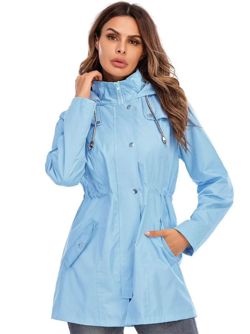 Veste de Pluie Chic Mi-Longue Bleu avec Fermeture Éclair Imperméable et Capuche pour les Femmes | Idéal pour l'hiver