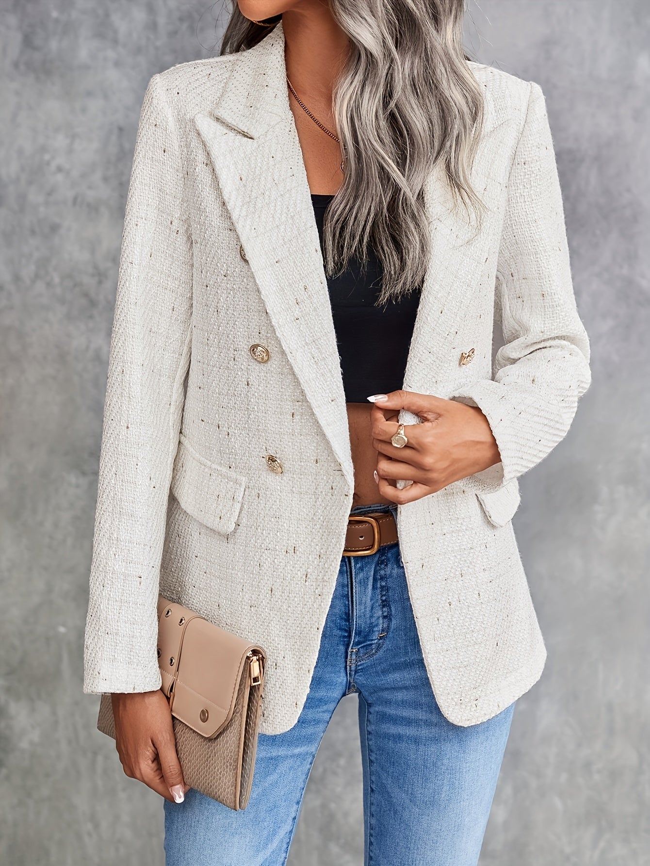 Blazer Chic de Style Business avec Col Tweed à Double Boutonnage en Beige pour les Femmes | Parfait pour les journées décontractées