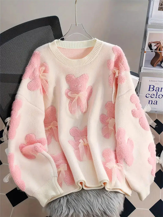 Pull Ludique en Maille avec Motif d'Ours et Nœud Femme | Idéal pour l'hiver