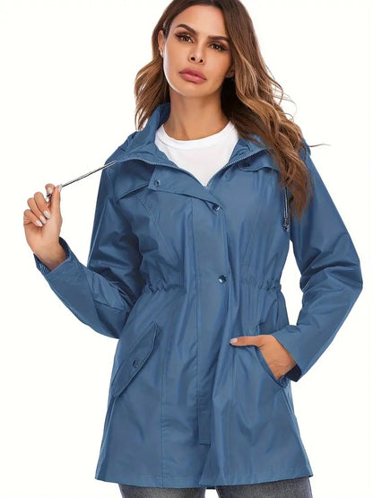 Veste de Pluie Chic Mi-Longue Bleu avec Fermeture Éclair Imperméable et Capuche pour les Femmes | Idéal pour l'hiver