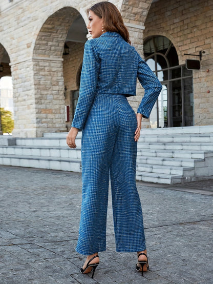 Ensemble Chic avec Blazer Court en Tweed Bleu et Pantalon pour Femmes | Idéal pour une utilisation quotidienne