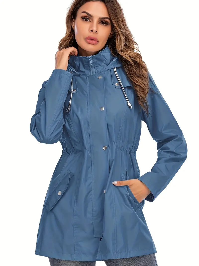 Veste de Pluie Chic Mi-Longue Bleu avec Fermeture Éclair Imperméable et Capuche pour les Femmes | Idéal pour l'hiver