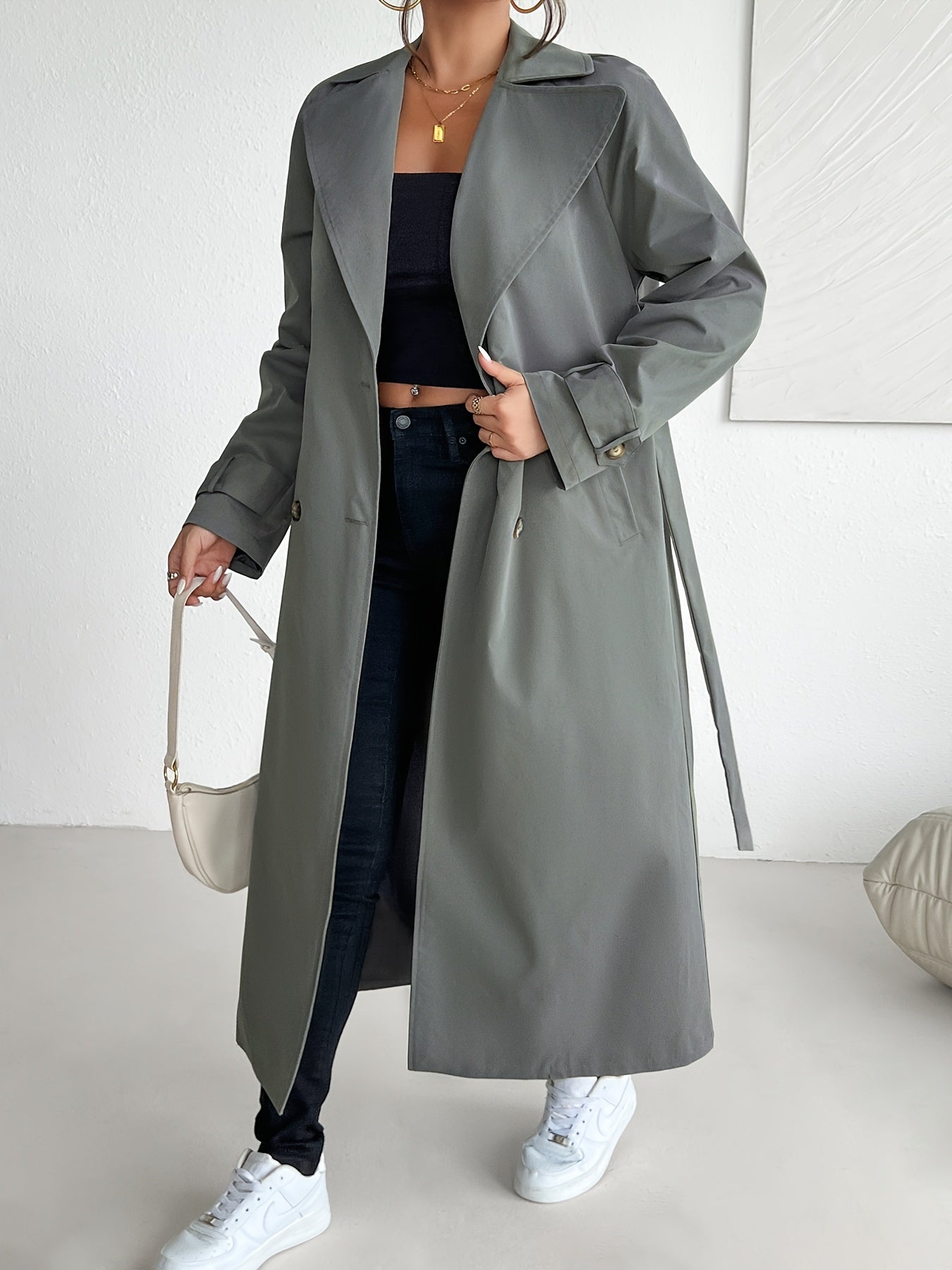 Manteau Trench Décontracté En Couleur Unie Gris Foncé Avec Ceinture Pour Les Femmes | Idéal pour l'hiver