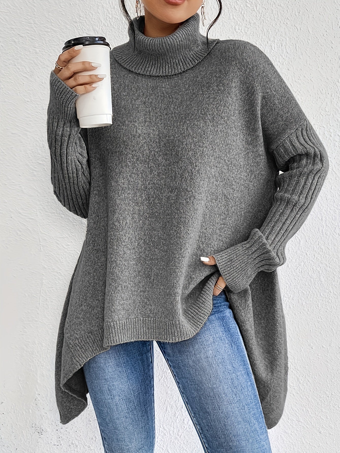 Pull Décontracté en Coton avec Ourlet Asymétrique et Col Roulé pour Les Femmes | Idéal pour l'hiver