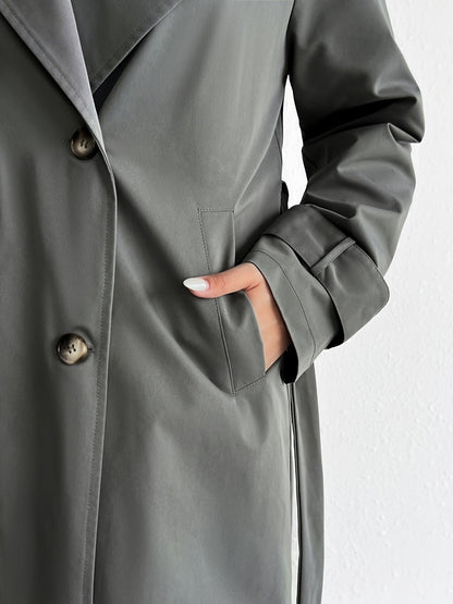 Manteau Trench Décontracté En Couleur Unie Gris Foncé Avec Ceinture Pour Les Femmes | Idéal pour l'hiver