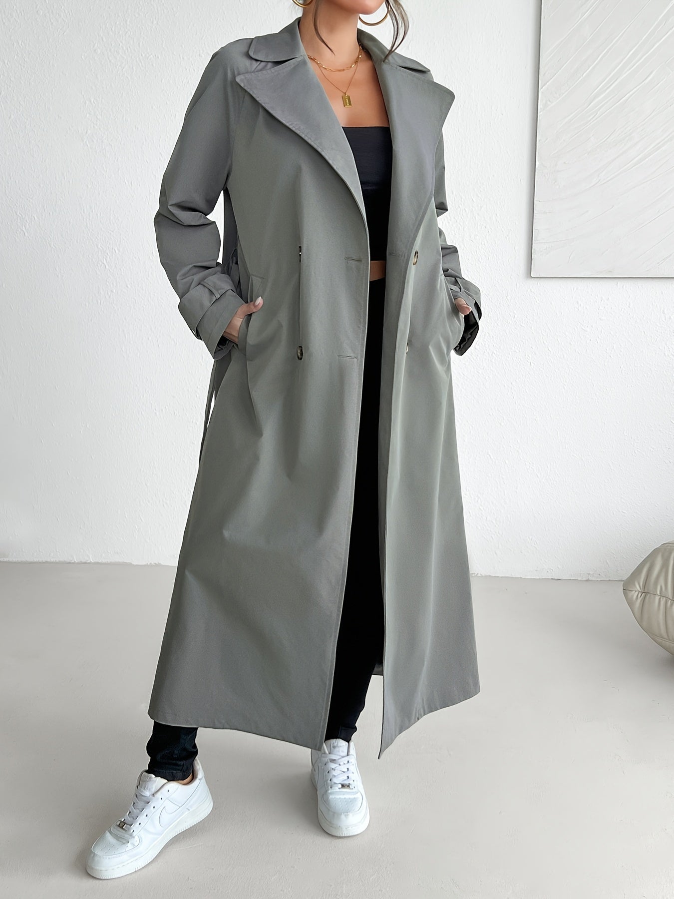 Manteau Trench Décontracté En Couleur Unie Gris Foncé Avec Ceinture Pour Les Femmes | Idéal pour l'hiver