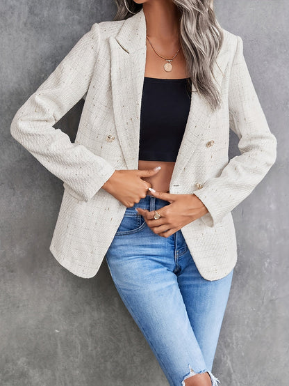 Blazer Chic de Style Business avec Col Tweed à Double Boutonnage en Beige pour les Femmes | Parfait pour les journées décontractées