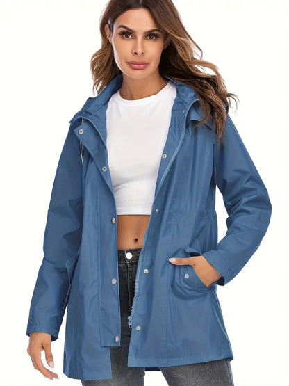 Veste de Pluie Chic Mi-Longue Bleu avec Fermeture Éclair Imperméable et Capuche pour les Femmes | Idéal pour l'hiver