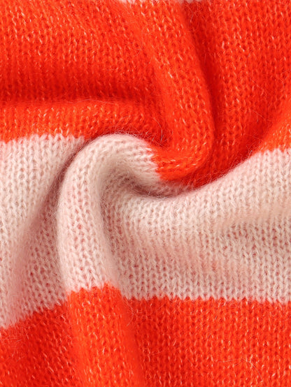 Pull Décontracté en Coton à Rayures Orange et Manches Longues Chaleureuses pour Les Femmes | Idéal pour l'hiver