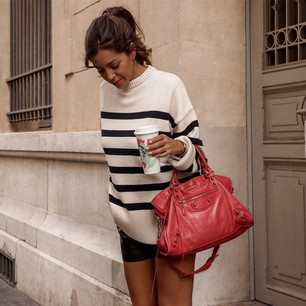 Pull Stylé Blanc avec Rayures pour les Femmes | Idéal pour l'hiver