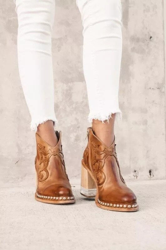 Bottines Stylées Western en Cuir Végétalien avec Imprimé et Talon Haut pour les Femmes | Idéal pour une utilisation quotidienne