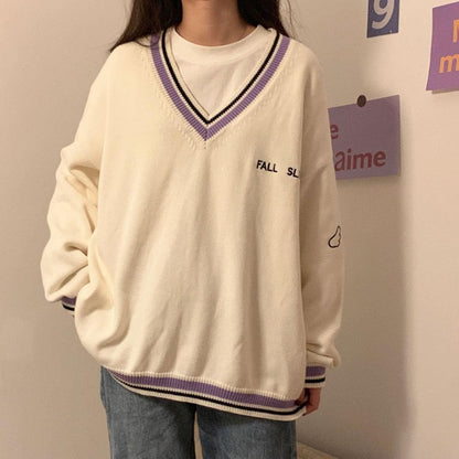 Pull Vintage Oversize avec Col en V pour les Femmes | Idéal pour l'hiver