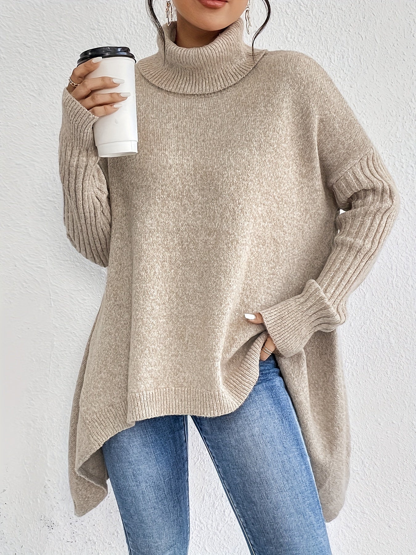 Pull Décontracté en Coton avec Ourlet Asymétrique et Col Roulé pour Les Femmes | Idéal pour l'hiver