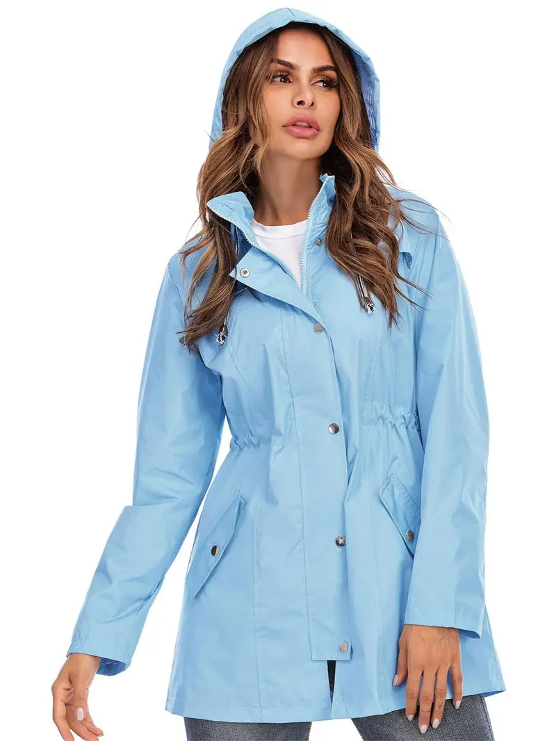 Veste de Pluie Chic Mi-Longue Bleu avec Fermeture Éclair Imperméable et Capuche pour les Femmes | Idéal pour l'hiver