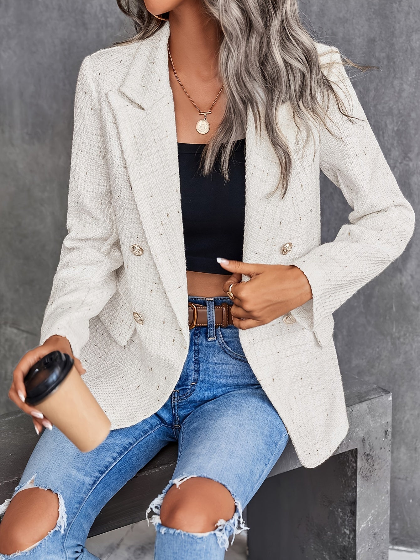 Blazer Chic de Style Business avec Col Tweed à Double Boutonnage en Beige pour les Femmes | Parfait pour les journées décontractées