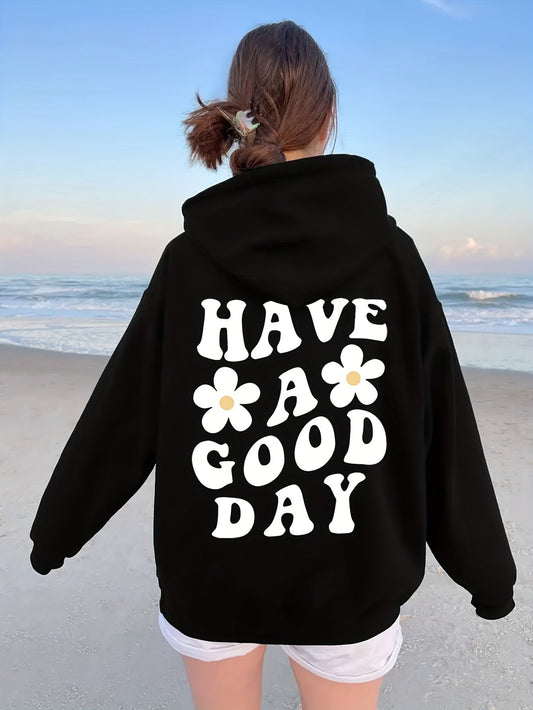 Sweat Oversize Décontracté avec Imprimé 'Have a Good Day' et Poche pour les Femmes | Idéal pour l'hiver