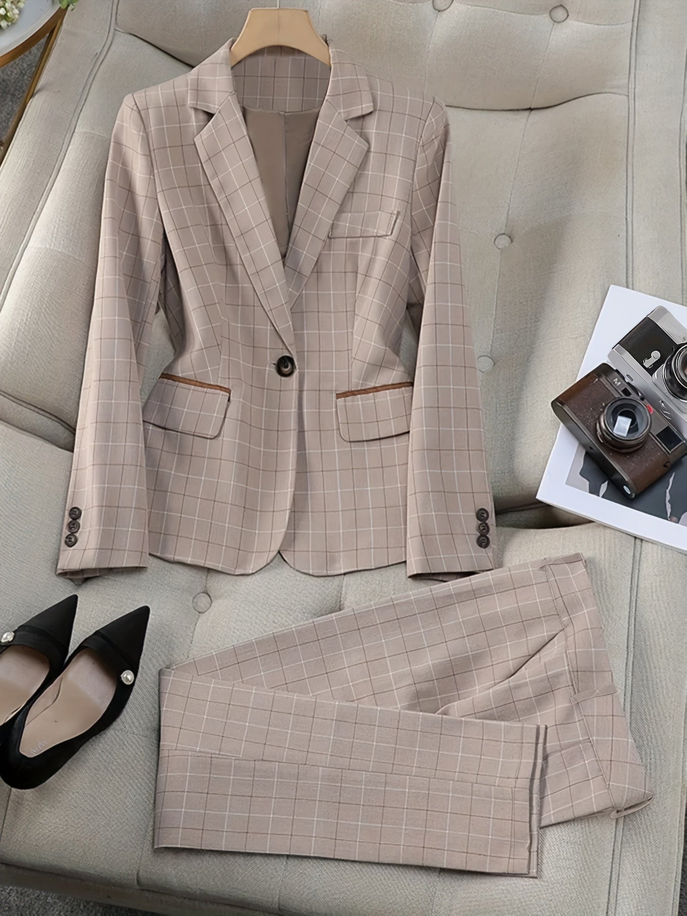 Ensemble Chic avec Blazer Imprimé à Carreaux Marron Clair pour Femmes | Idéal pour une utilisation quotidienne