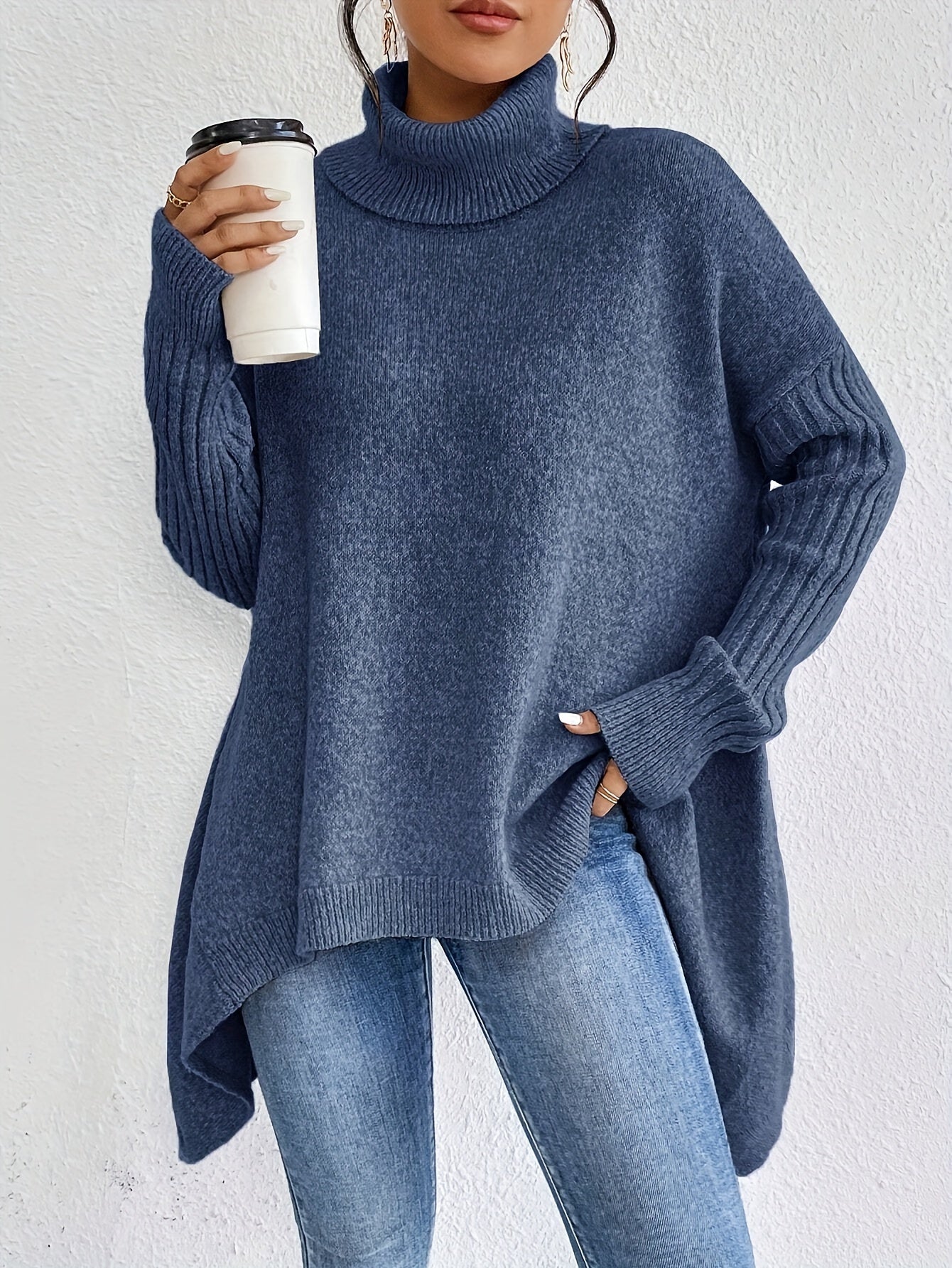 Pull Décontracté en Coton avec Ourlet Asymétrique et Col Roulé pour Les Femmes | Idéal pour l'hiver