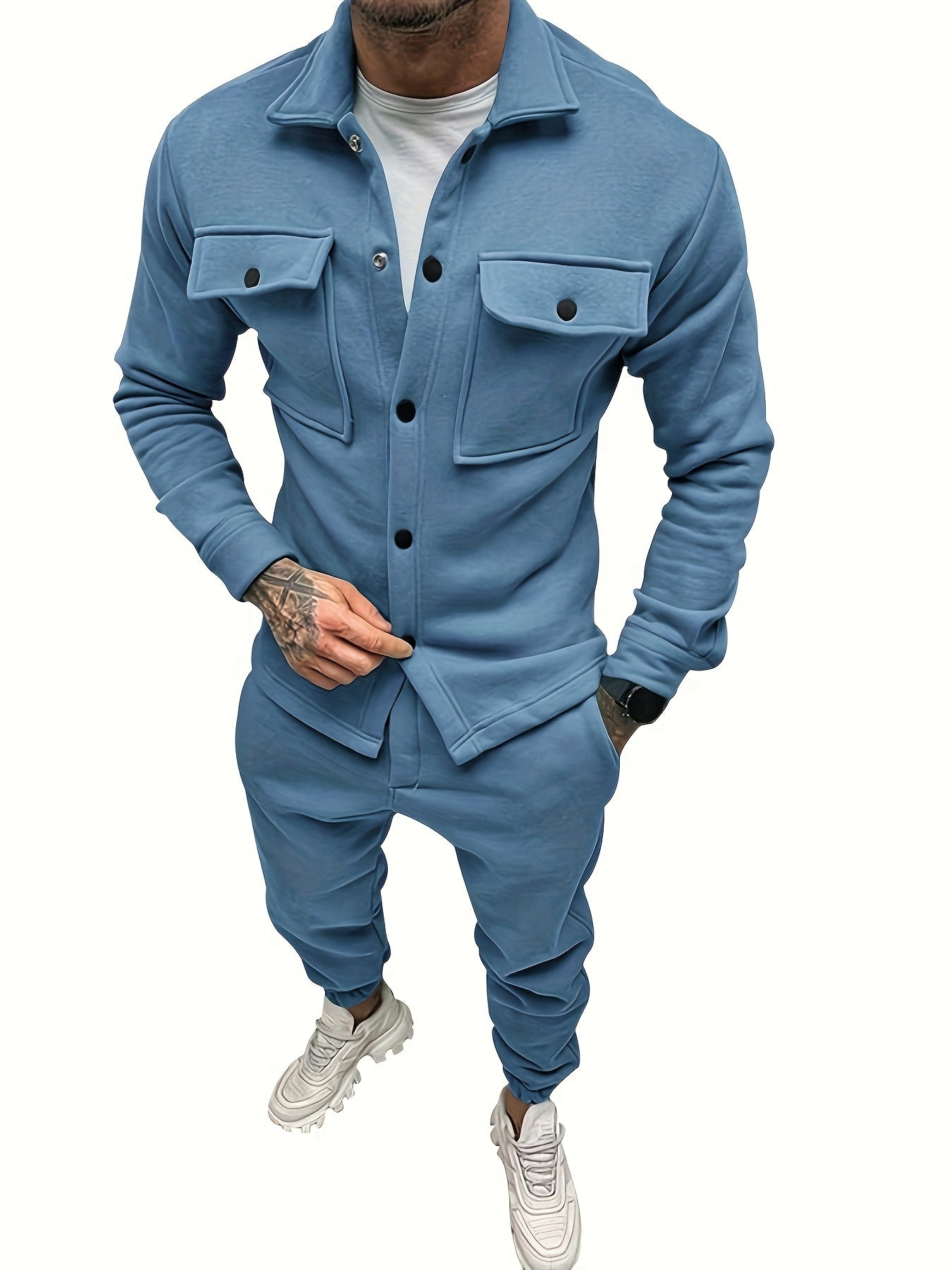 Ensemble Décontracté avec Chemise Boutonnée Uni et Pantalon en Coton pour Les Hommes | Parfait pour les Activités de Plein Air