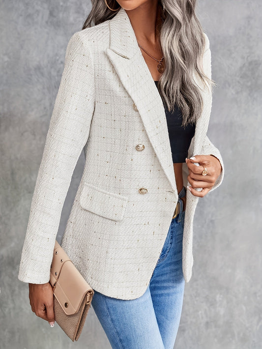 Blazer Chic de Style Business avec Col Tweed à Double Boutonnage en Beige pour les Femmes | Parfait pour les journées décontractées