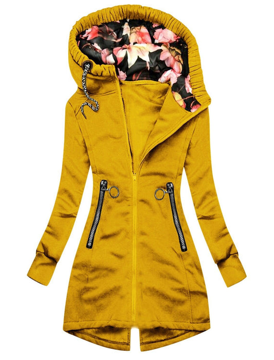 Veste de Pluie Chic Col Haut avec Fermeture Éclair et Poches, Imperméable avec Capuche Imprimée pour les Femmes | Idéal pour l'hiver